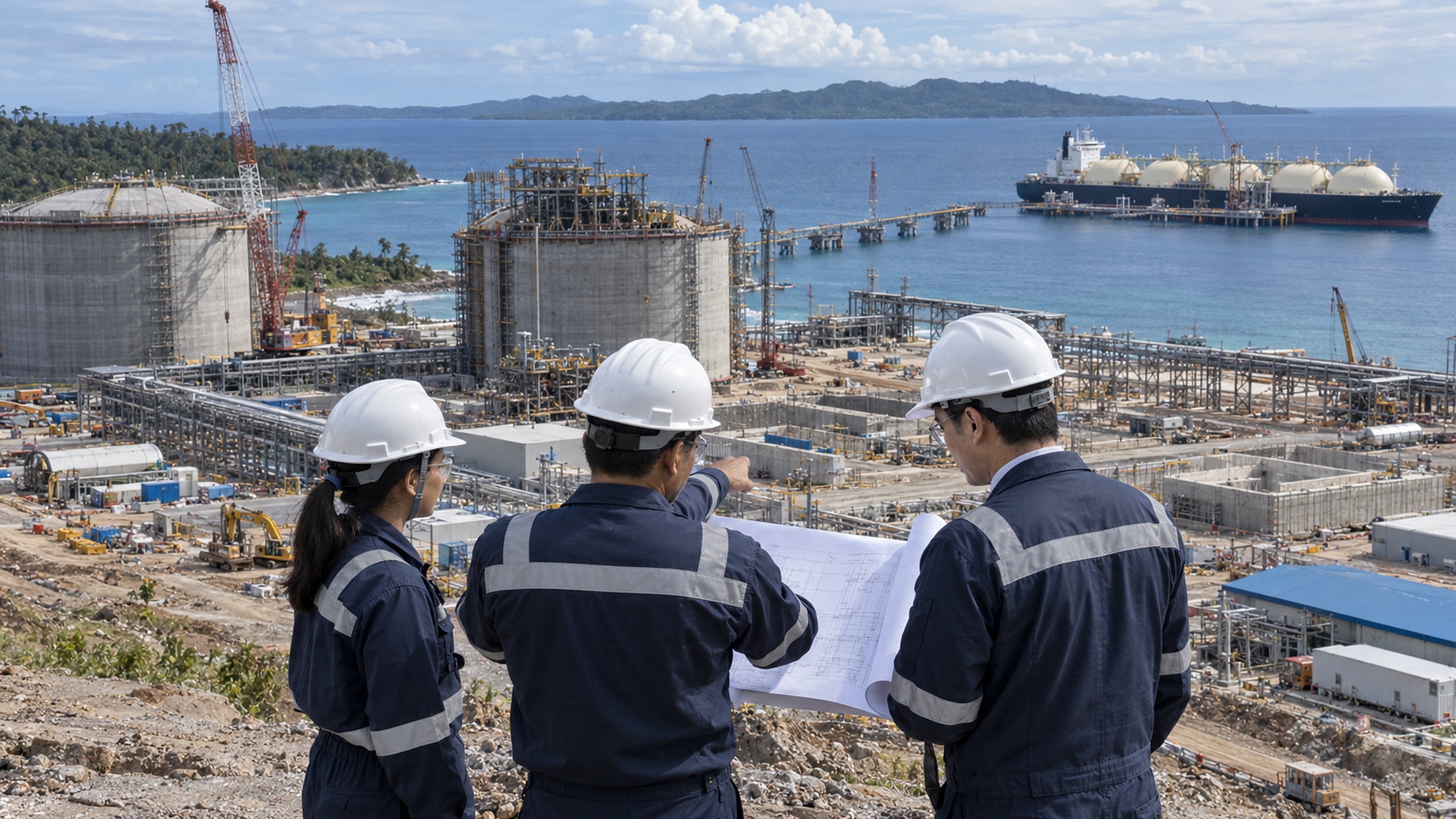 Tiga profesional energi meninjau pembangunan terminal LNG pesisir dengan kapal LNG di lepas pantai.