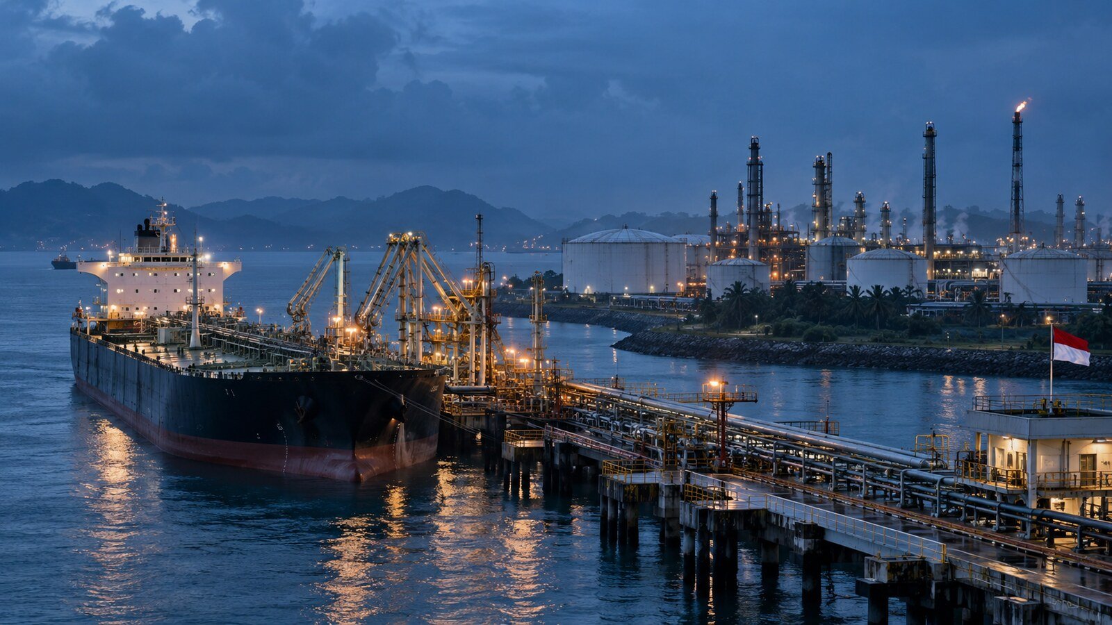 Kapal tanker minyak berlabuh di terminal impor dekat kilang Indonesia saat langit pagi gelap.