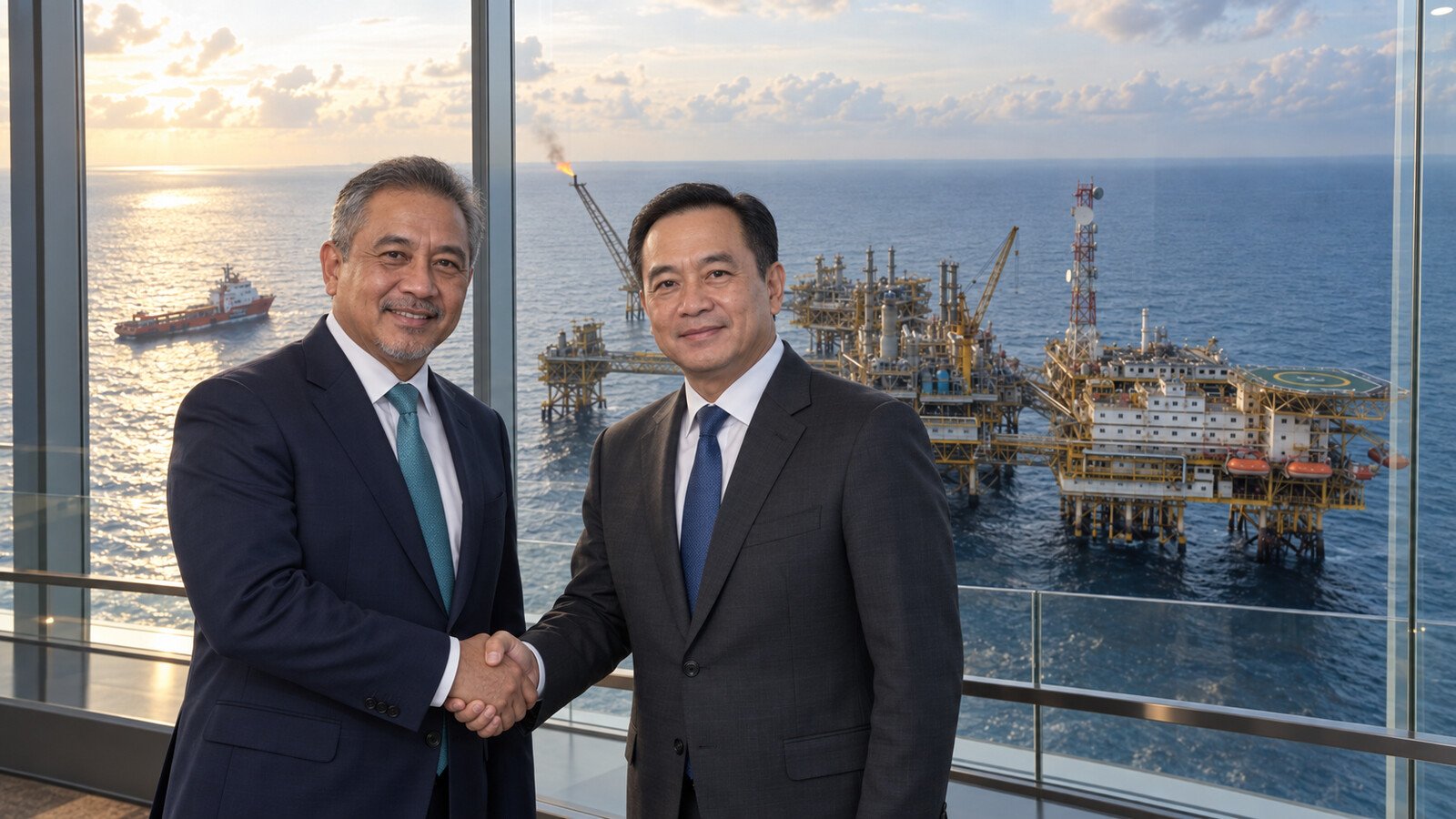 Dua eksekutif energi berjabat tangan di depan anjungan gas lepas pantai di Teluk Thailand.