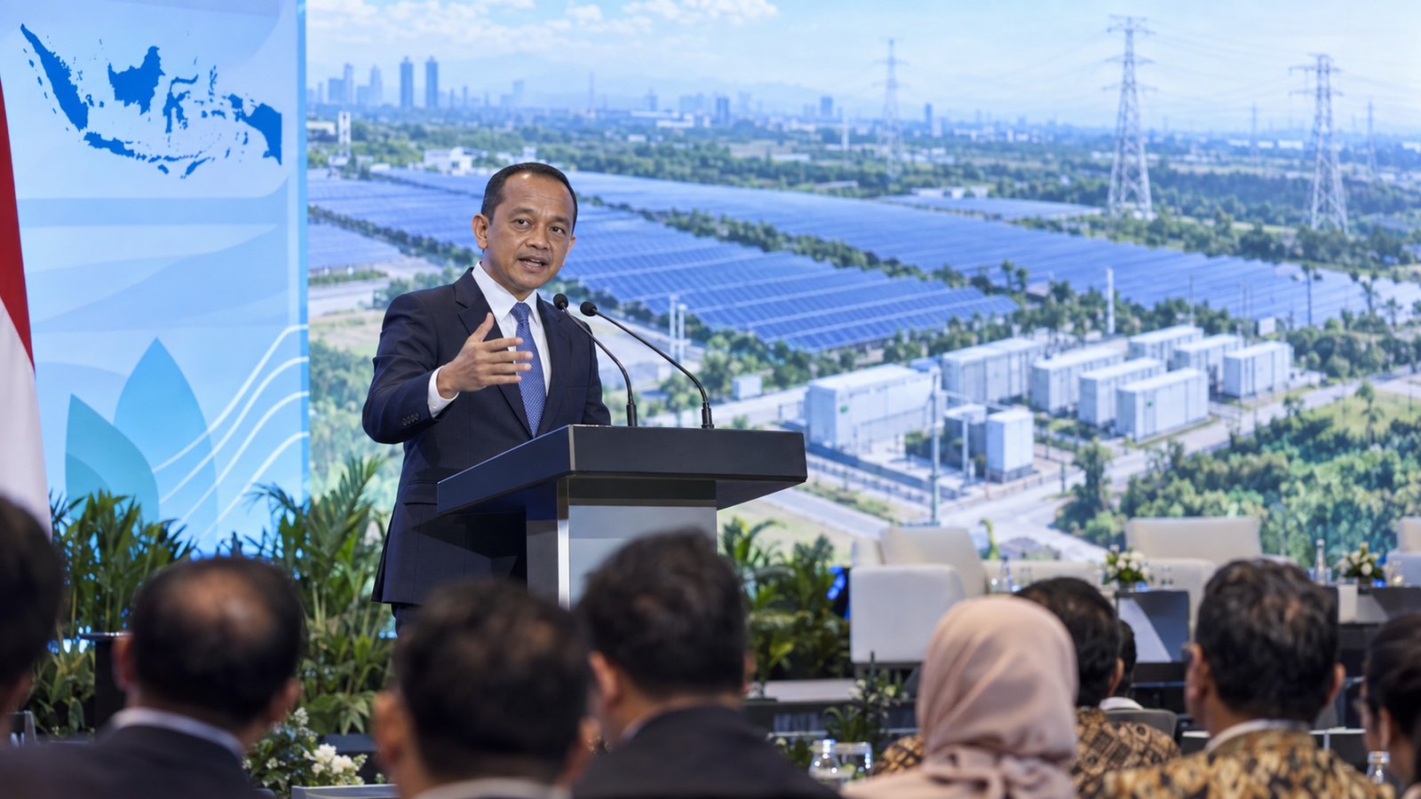 Menteri ESDM Bahlil Lahadalia berbicara di podium dengan latar panel surya, baterai, dan jaringan listrik.
