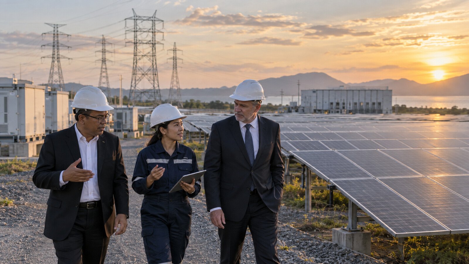 Tiga profesional energi berhelm putih meninjau deretan panel surya, fasilitas baterai, dan menara transmisi saat matahari terbenam.