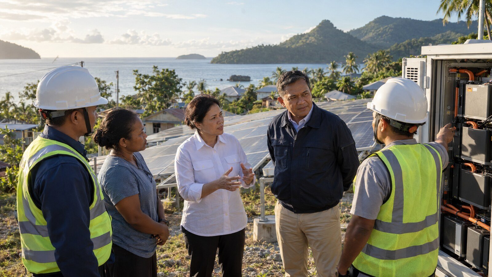 Seorang pejabat perempuan berbaju putih berdiskusi dengan perwakilan warga dan teknisi di depan panel surya serta kabinet baterai di pesisir Maluku.